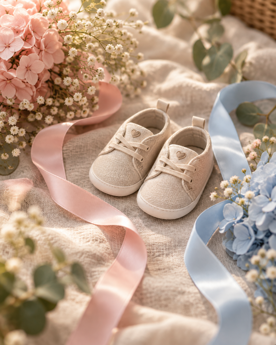 Sapatinhos de bebê entre flores rosa e azul