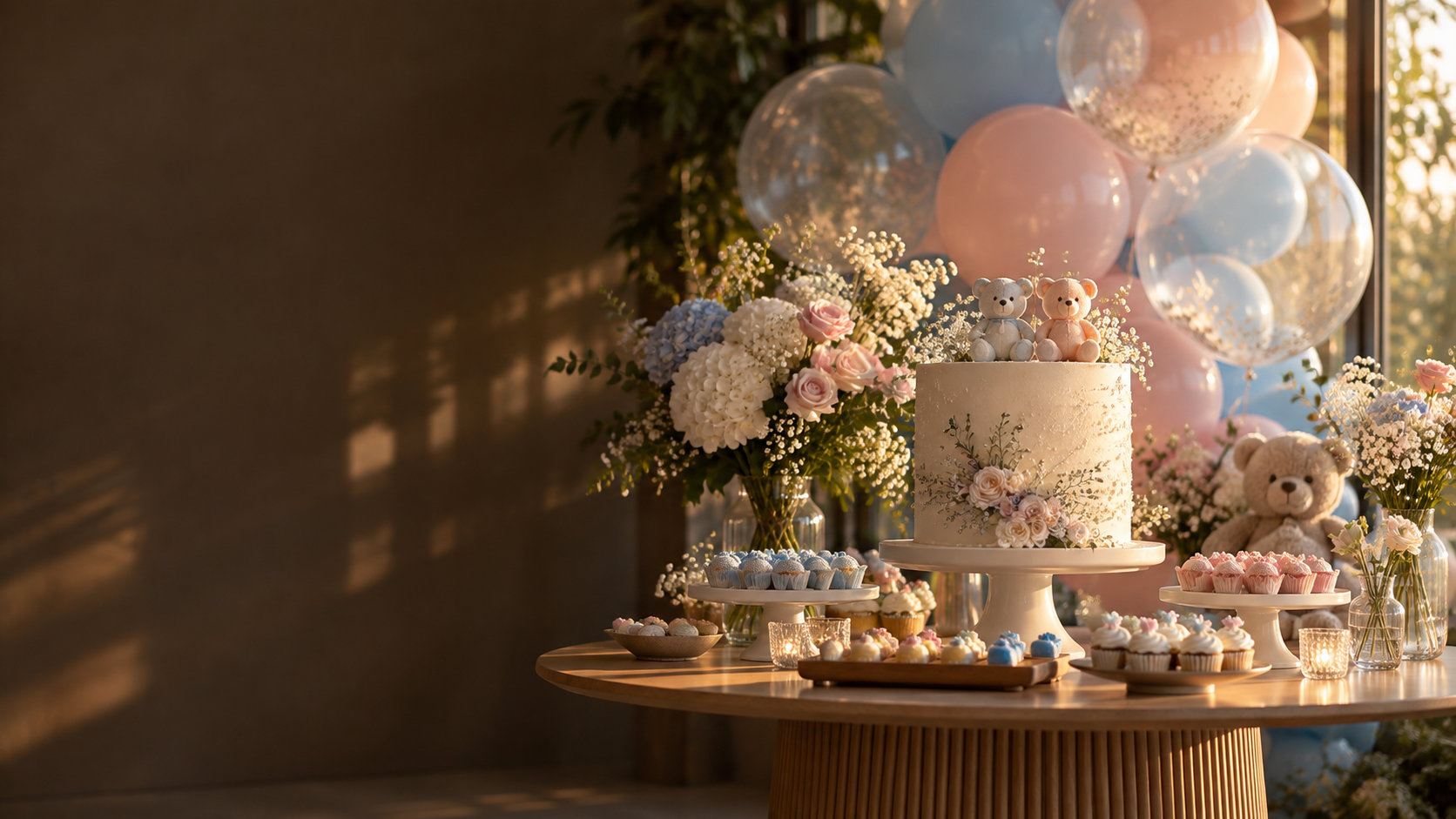 Mesa de chá revelação decorada em rosa e azul